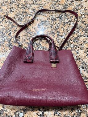 Michael Kors Burgundy Leather Satchel with Snake-Print Handles